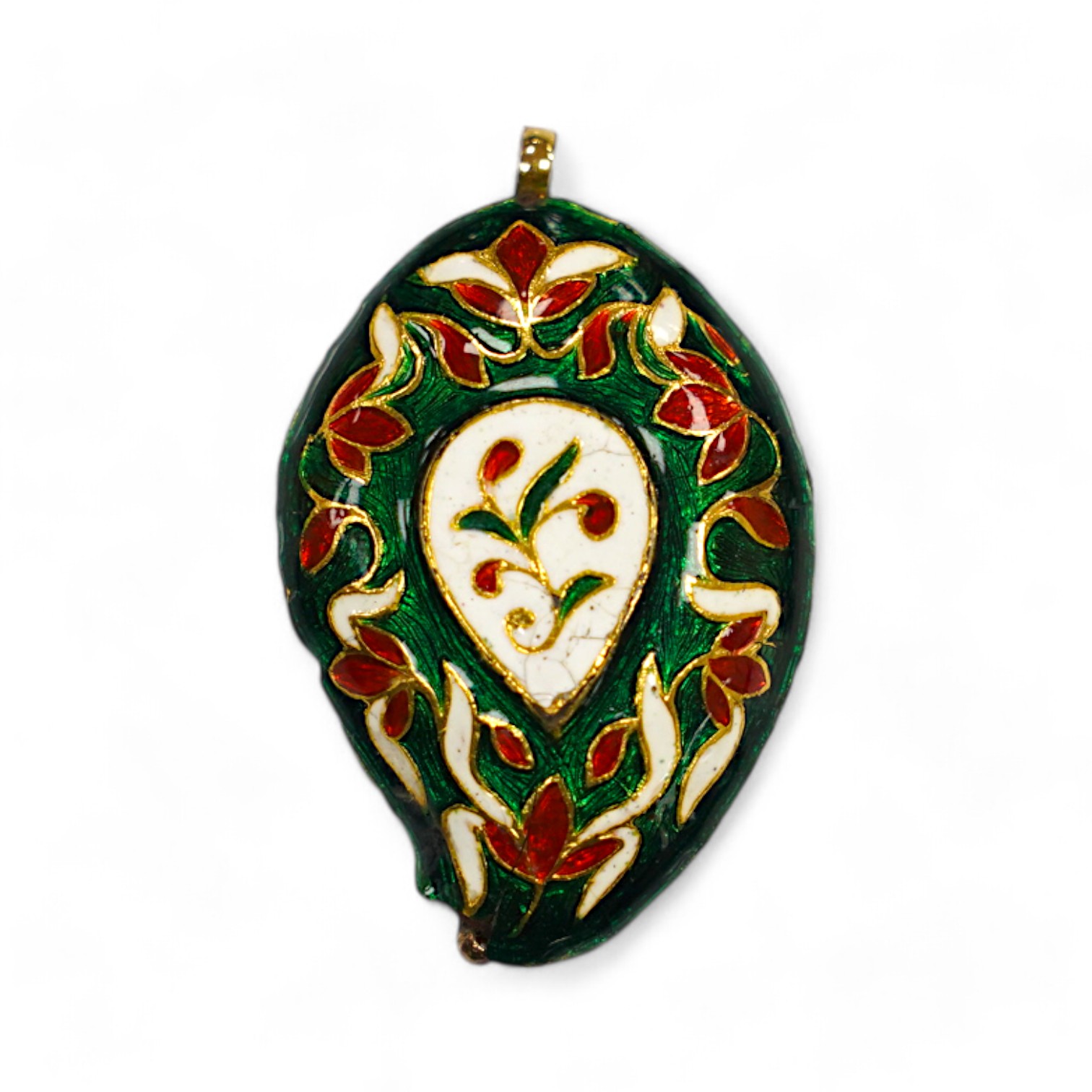 An Indian enamel and flat cut diamond set pear shaped pendant, 40mm. Condition - poor